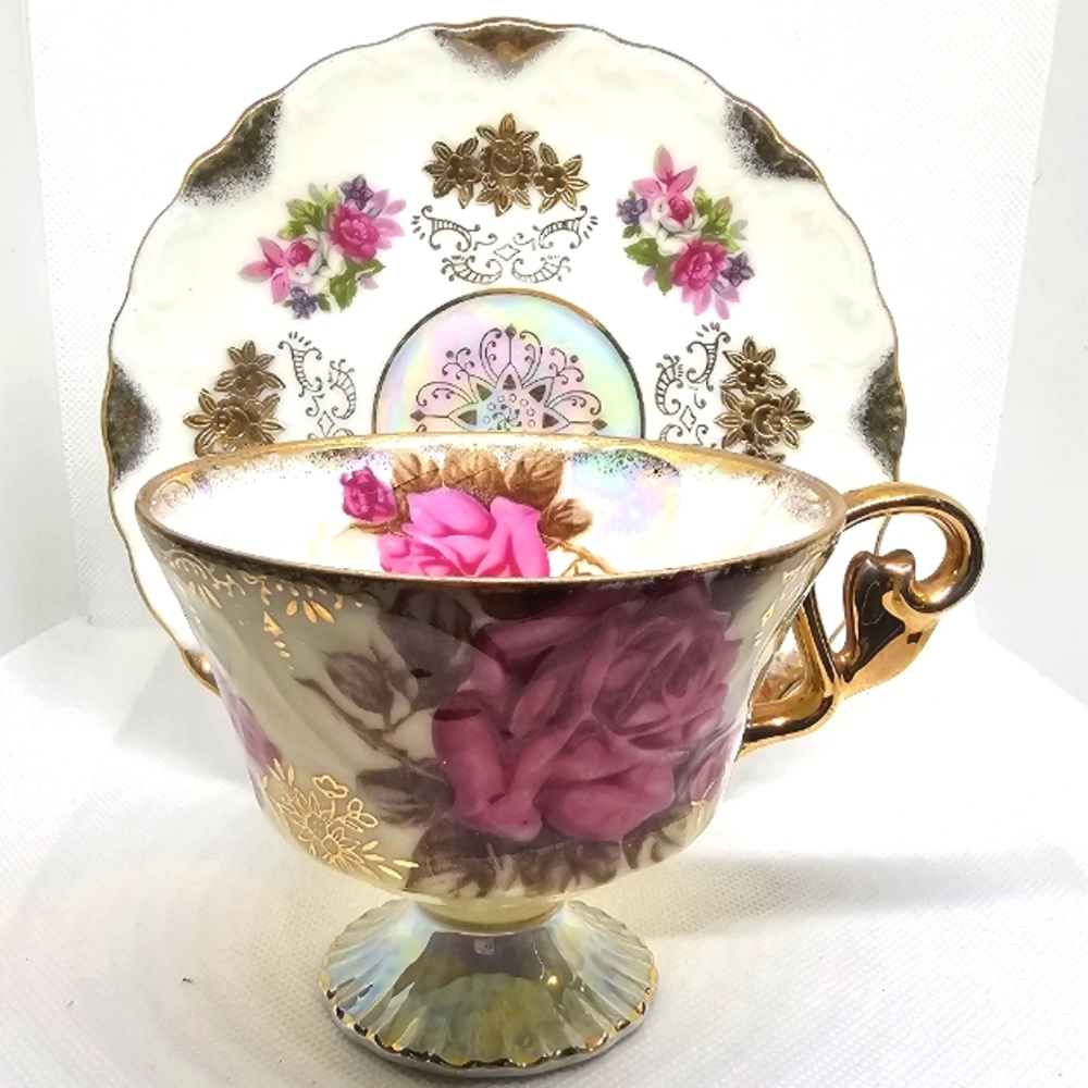 Castle China Japan Hand-Painted Teacup Saucer Set Rose With Opal Mother Of Pearl